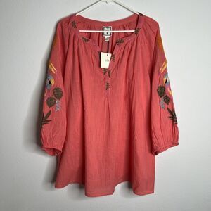 Lea Womens Blouse Pink Embroidered V Neck Pullover Size 3X